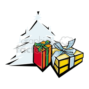 A festive clipart image featuring a stylized Christmas tree with two wrapped presents in front, one red with a green ribbon and one yellow with a blue ribbon.