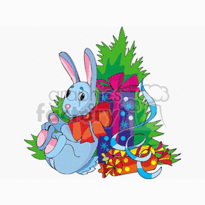 A festive clipart image featuring a cute bunny rabbit surrounded by colorful Christmas presents and a decorative tree.