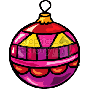 This clipart image features a colorful Christmas ornament. The decoration is designed with a combination of yellow, purple, red, and pink sections, radiating a cheerful vibe. The top is accented with a golden cap and hook, typically used for hanging on a Christmas tree.
