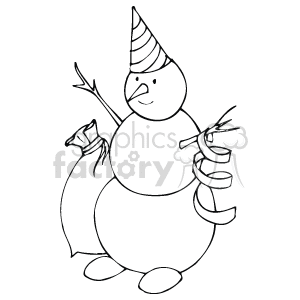 The clipart image features a snowman. It appears to be a classic depiction of a snowman with three large snowballs making up its body, stick arms, a festive pointed hat, and a content smile on its face. The snowman does not have any colored features, suggesting this is ready for coloring in digitally or on paper