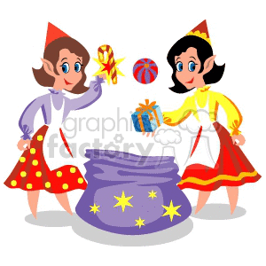 Illustration of two elves with gifts and a Santa's bag.