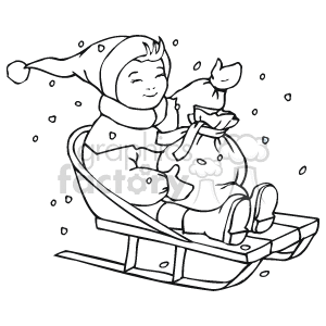 Black And White Happy Child Sledding In The Snow Clipart Graphics Factory