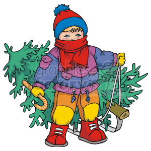 The image is a clipart of a child dressed in colorful winter clothing. The child is wearing a blue and red hat, a red scarf, a purple and blue jacket, yellow mittens, red pants, and red shoes with yellow socks. The child is also holding a green Christmas tree in one hand on a sleigh, and carrying a candy cane in the other, likely having just cut down the tree for the holiday season.