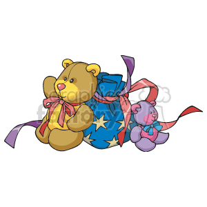 The image is a festive Christmas-themed clipart featuring a large brown teddy bear with a red and yellow bow tied around its neck and a small purple teddy bear. Both are next to a blue sack with stars on it, which is adorned with red and purple holiday ribbons.