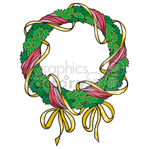 The clipart image shows a traditional Christmas wreath adorned with golden ribbons and red ribbons. The wreath appears to be made of greenery and is a common decorative item for the holiday season.