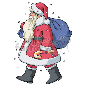 The clipart image depicts a classic representation of Santa Claus. He’s pictured in profile, wearing his traditional red and white suit with a matching hat, a thick white beard and mustache, and black boots. Santa is holding a candy cane in one hand and carrying a large, blue sack presumably filled with gifts over his shoulder. Snowflakes are scattered in the background, suggesting a snowy setting that is typical for the Christmas holiday season.