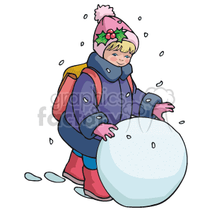 The image depicts a child wearing winter clothing, including a hat adorned with holly, building a snowman. The child appears to be placing a large snowball, which may form the base of the snowman, as indicated by its rounded shape and size. Snowflakes are scattered around, suggesting that it is snowing.