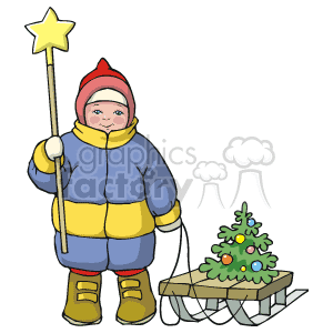 This clipart image features a child dressed in winter clothing holding a star-topped staff, standing next to a decorated Christmas tree that is placed on a sled.