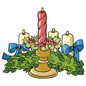 The clipart image displays a traditional Christmas candle arrangement. It features a central red and white striped candle, flanked by three white candles, all mounted on a classic golden candle holder. The candles are nestled in a bed of green garland with red holly berries, and there are two blue bows tied to the greenery.