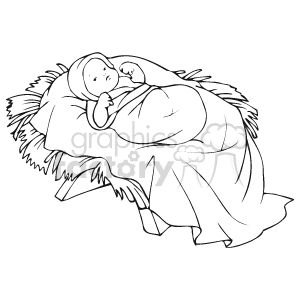   This clipart image features Baby Jesus lying in a manger. The image is a simple black and white line drawing, often used to represent the scene of Jesus