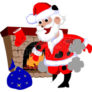 Clipart image of Santa Claus by a fireplace with a Christmas stocking and a gift sack.