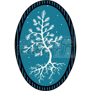 The image depicts a stylized white tree with branching roots set against a blue background, encased within an oval frame that has a decorative border. 