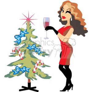 Clipart image of a woman in a red dress holding a glass of wine next to a decorated Christmas tree with candy canes and blue bows.