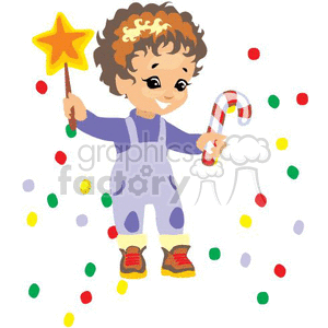 A cute child in festive attire holding a star wand and a candy cane, surrounded by colorful confetti.