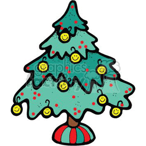 The clipart image depicts a stylized, whimsical Christmas tree adorned with festive decorations. The tree is designed with a cheerful green appearance, small red and blue dots that could be interpreted as a take on Christmas lights or berries, and multiple yellow ornaments featuring happy faces. It stands on a striped red and white base, which is typical of the color scheme associated with Christmas celebrations. The tree has a cartoonish vibe and seems to convey a sense of joy and holiday spirit.