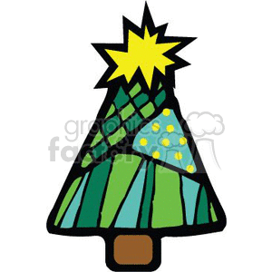 This is a stylized cartoon image of a Christmas tree. The tree is primarily green with patterns and has decorations in the form of circles and lines. At the top of the tree is a large yellow star. The tree trunk is brown and the image has a simple, colorful, and child-like aesthetic, typical of clipart.