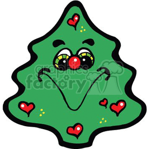 The image shows a cartoonish Christmas tree with a face, suggesting a cheerful or festive character. The tree has eyes with large pupils and a joyful expression, a red button nose, and several red hearts scattered throughout its branches, which could symbolize decorations or the spirit of love associated with the holiday season. The colors are typical for Christmas, with primarily green for the tree and red accents for the decorations and facial features.