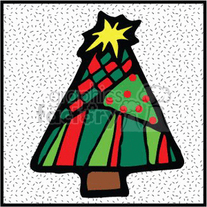 The image is a clipart illustration of a stylized Christmas tree with a yellow star on top. The tree is adorned with various patterns including stripes and polka dots, and is set against a speckled background.