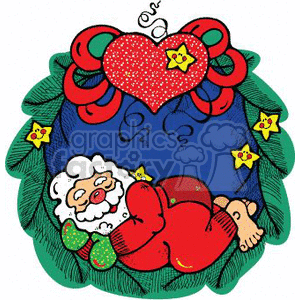   The clipart image features a holiday-themed wreath adorned with decorations. At the center of the wreath is a cartoon image of Santa Claus sleeping. The wreath is green, suggesting it is made of evergreen branches, which is traditional for Christmas wreaths. There