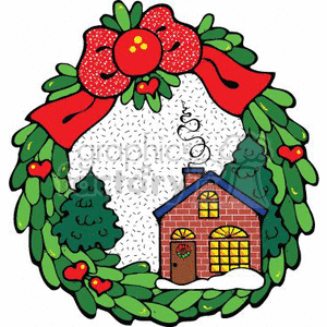 Cozy Christmas Cabin Wreath Illustration