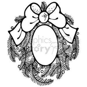 The image is a black and white line drawing of a Christmas wreath. The wreath features an array of evergreen branches arranged in a circular shape, with a large bow at its top. There are also decorative items such as berries or small balls scattered throughout the greenery. The center of the wreath is a blank oval space, likely designed for customization or text addition.