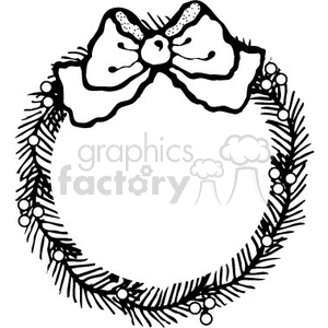 The clipart image depicts a simple, black and white line drawing of a Christmas wreath. The wreath includes details such as evergreen branches, a decorative bow at the top, and holly berries scattered throughout, giving it a festive holiday appearance.