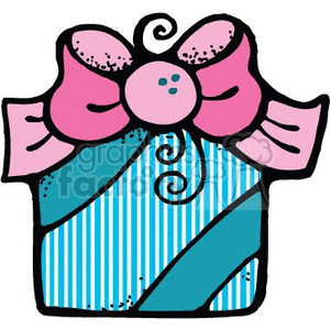 The image shows a stylized drawing of a striped gift or present with a large, pink bow on top. The gift appears to be wrapped in a blue and white striped pattern with a swirling ribbon wrapped around it, and the bow has a button in the center.