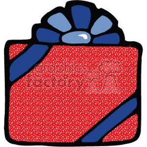 The image shows a red gift or present with a speckled pattern, possibly representing a glittery or textured surface. It's adorned with a blue ribbon and a bow, which is common for gifts given during the holidays such as Christmas.