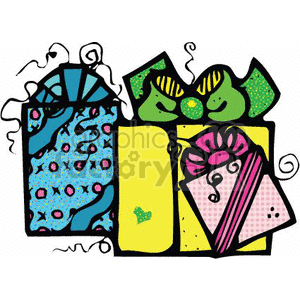 The clipart image features a collection of colorful, decorated Christmas gifts or presents. These presents have various patterns and designs on them and are adorned with ribbons and bows, suggesting a festive holiday theme.