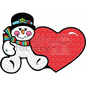 This clipart image features a cheerful snowman wearing a festive holiday-themed hat with holly leaves and berries. The snowman has a bright orange carrot nose, a warm and colorful striped scarf, and appears to be hugging or leaning against a large, sparkly red heart. The snowman has a friendly, smiling face, with rosy cheeks, and exudes a sense of warmth and holiday cheer.