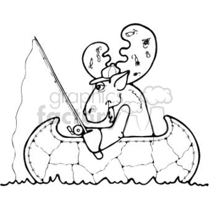 This clipart image features a cartoon image of a moose sitting in a canoe and fishing. The moose is holding a fishing rod, and there are water ripples around the canoe indicating it is on water. The moose appears to be cheerful and is wearing a hat with fishing hooks and lures attached to it.