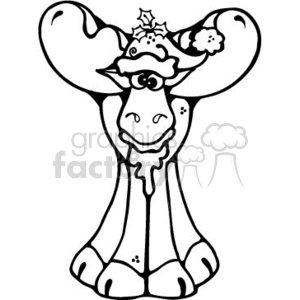 The clipart image features a cheerful cartoon moose with large antlers. The moose is wearing a Santa hat with a holly decoration on it.