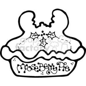   The clipart image displays a stylized pie with the words Moose Berry Pie written along its base, suggesting this is a label or decorative design for a specific type of pie. The pie has a fluted edge and is topped with a holly embellishment, which can be associated with the Christmas holiday. The pie crust is designed to look like the silhouette of a moose