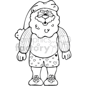The clipart image depicts a cartoon of Santa Claus in a whimsical and humorous state. He is wearing his traditional Santa hat and is clad in his long-sleeve undershirt. On his lower half, he sports a pair of boxer shorts decorated with hearts, adding a touch of comedy to the depiction. To complete his ensemble, Santa is seen wearing a pair of slippers adorned with a paw print design, suggesting a cozy and relaxed theme.