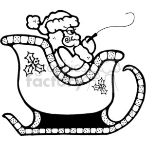 This clipart image depicts Santa Claus sitting in his sleigh. Santa appears to be happy and is holding what seems to be a whip or the reins for his reindeer, although the reindeer are not visible in the image. Decorative details include what appears to be holly or decorative elements on the side of the sleigh. The style of the clipart is a black-and-white line drawing, typically used for coloring activities, simple printing, or digital decorations.