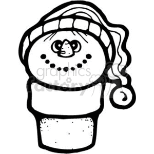 The image depicts a whimsical black and white clipart of a snowman stylized to look like an ice cream cone. The snowman's head represents the scoop of ice cream, with a smiling face featuring a carrot nose and dotted eyes and mouth. On its head is a winter hat with a floppy end, suggesting the holiday season. The body of the snowman resembles the cone of an ice cream.