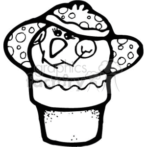 This image depicts a stylized drawing of a snowman interpreted as an ice cream cone. The snowman has a carrot-like nose, circular eyes, and appears to be wearing a hat with decorations that resemble snow or ice cream toppings. The cone has a textured pattern suggesting a waffle cone, and there is a layer that may represent ice cream or snow.