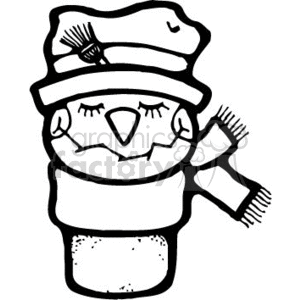 The image appears to be a black and white clipart drawing of a cheerful snowman character. The snowman is made up of three snowballs, indicating the head, body, and base. It is wearing what looks like a winter hat with a floppy brim, complete with a decorative accessory that resembles a holly berry or similar adornment. The snowman's eyes are closed in a content or happy expression, and it has a carrot-like nose. It also has a wide smile and is wearing a scarf. Its arms are branch-like and spread out on its sides, while the lines on the sides of the head and body suggest a textured surface, reminiscent of snow or ice cream scoops.