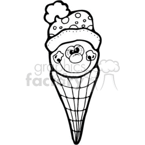 The clipart image depicts a humorous and cute representation of a snowman with elements of an ice cream cone. The snowman has dotted eyes, a carrot-like nose, a frowning mouth, and a hat that looks like a dollop of ice cream with sprinkles on top. The snowman's head is placed on top of a waffle ice cream cone, blending the themes of winter and sweet treats.
