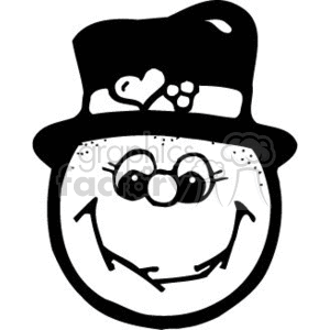 The image is a black and white clipart of a happy snowman's face. The snowman has a big grin, cartoonish eyes, and a top hat adorned with heart and berry designs. The style of the image suggests a festive, winter, or Christmas theme.