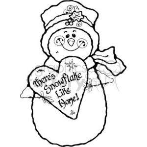 The clipart image depicts a snowman wearing a hat and scarf, with a joyful facial expression, holding a heart-shaped sign that reads There's Snow-Place Like Home! The snowman has cute features such as a carrot nose and smiling eyes. The artwork is styled in black and white, which indicates it may be used for coloring or as a simple illustrative decoration.