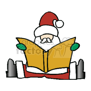   The clipart image shows Santa Claus wearing his traditional red hat with a white pompom, reading a large open book. Only Santa