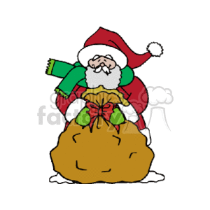 The clipart image features a jolly Santa Claus wearing his traditional red and white suit, with a green scarf around his neck. He is holding a large, bulging sack tied with a ribbon featuring a bow, indicative of a bag full of Christmas presents.
