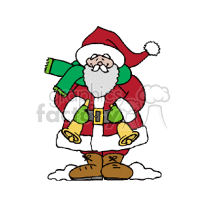 This image appears to be a simple clipart illustration of Santa Claus with 2 bells. Santa is depicted with his traditional red suit with white fur trimming, a green scarf, and black boots, standing on what looks like a patch of snow. He has a cheerful expression on his face, a full white beard, and is wearing his iconic red hat with a white pompom at the end.