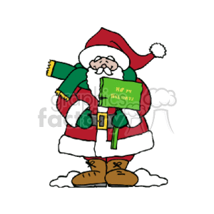   The clipart image shows a cartoon-style depiction of Santa Claus standing on snow and holding a green book or sign with the words Happy Holidays written on it. Santa is dressed in his traditional red suit with a white fur trim, a black belt with a gold buckle, green gloves, and brown boots. He
