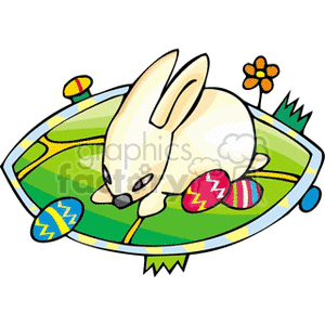 A cute bunny sitting on a decorative rug surrounded by Easter eggs and flowers.