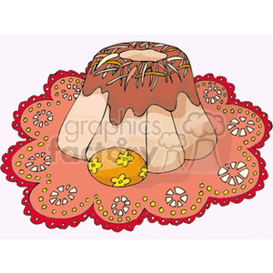 Clipart illustration of a traditional Easter cake with chocolate icing and an Easter egg decorated with flowers, placed on a decorative doily.