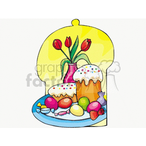 A colorful Easter-themed clipart featuring decorated Easter eggs, sweet treats, and a vase with red tulips.