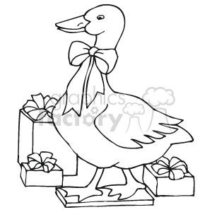 The clipart image depicts a duck or goose wearing a bow around its neck, standing next to multiple wrapped gifts. The image is styled in a simple black and white line drawing, suitable for coloring or basic graphic design purposes.