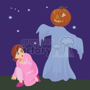   The clipart image depicts a Halloween theme with a figure dressed as a ghost with a pumpkin head, standing under a starry night sky. The ghost costume is blue, with ragged edges to mimic the ethereal quality of a spectral presence. The pumpkin head features carved eyes and a menacing smile, common for a jack-o